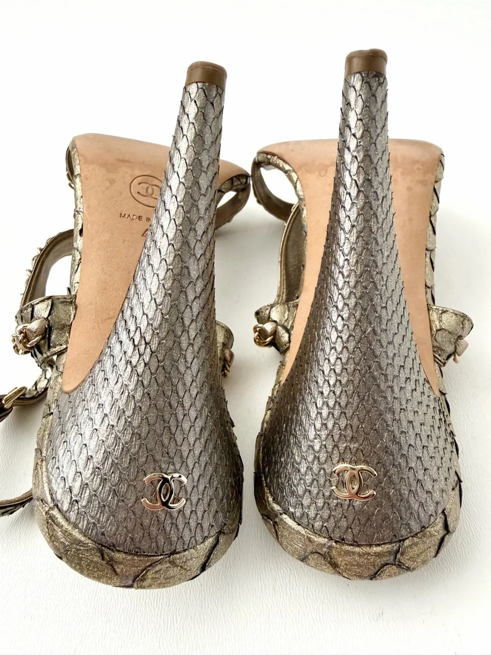 CHANEL | Gold Bronze Python CC Logo Chain Ankle Strap High Heel Sandals EU 41